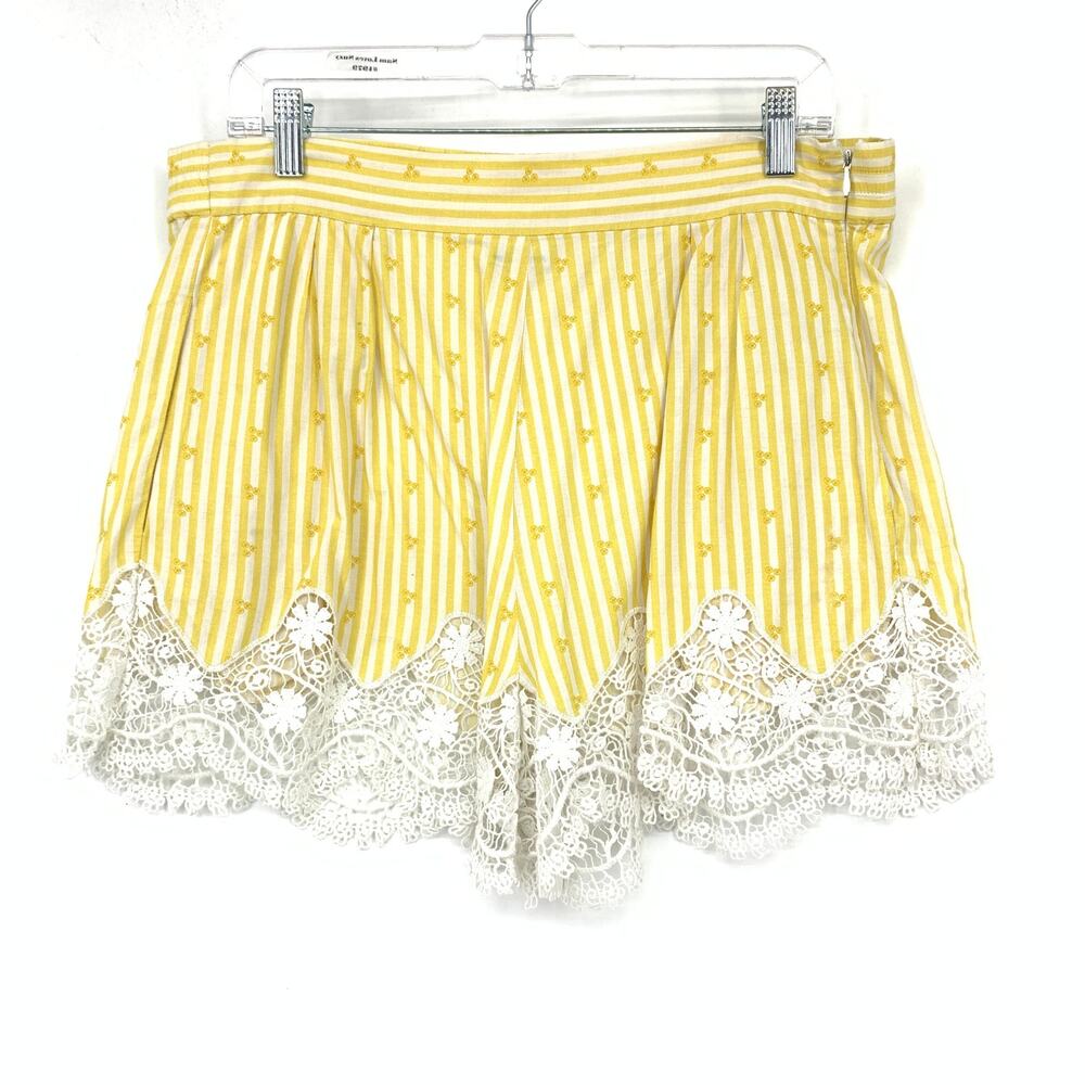 Miguelina Yellow Stripe Lace Hem Shorts Boho Cotton Embroidered L/XL *READ FLAW